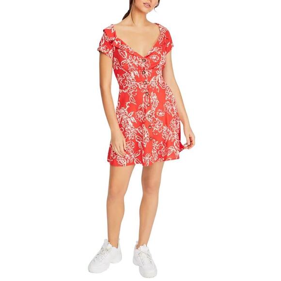 Free People a thing called love mini dress Linen Blend Florral Red Coral Size 4 - Picture 2 of 10